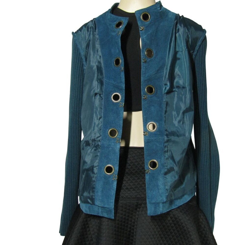 VTG Y2K SUEDE Leather Military Boho Grunge Retro Jacket Teal blue Jacket Large - Picture 8 of 11